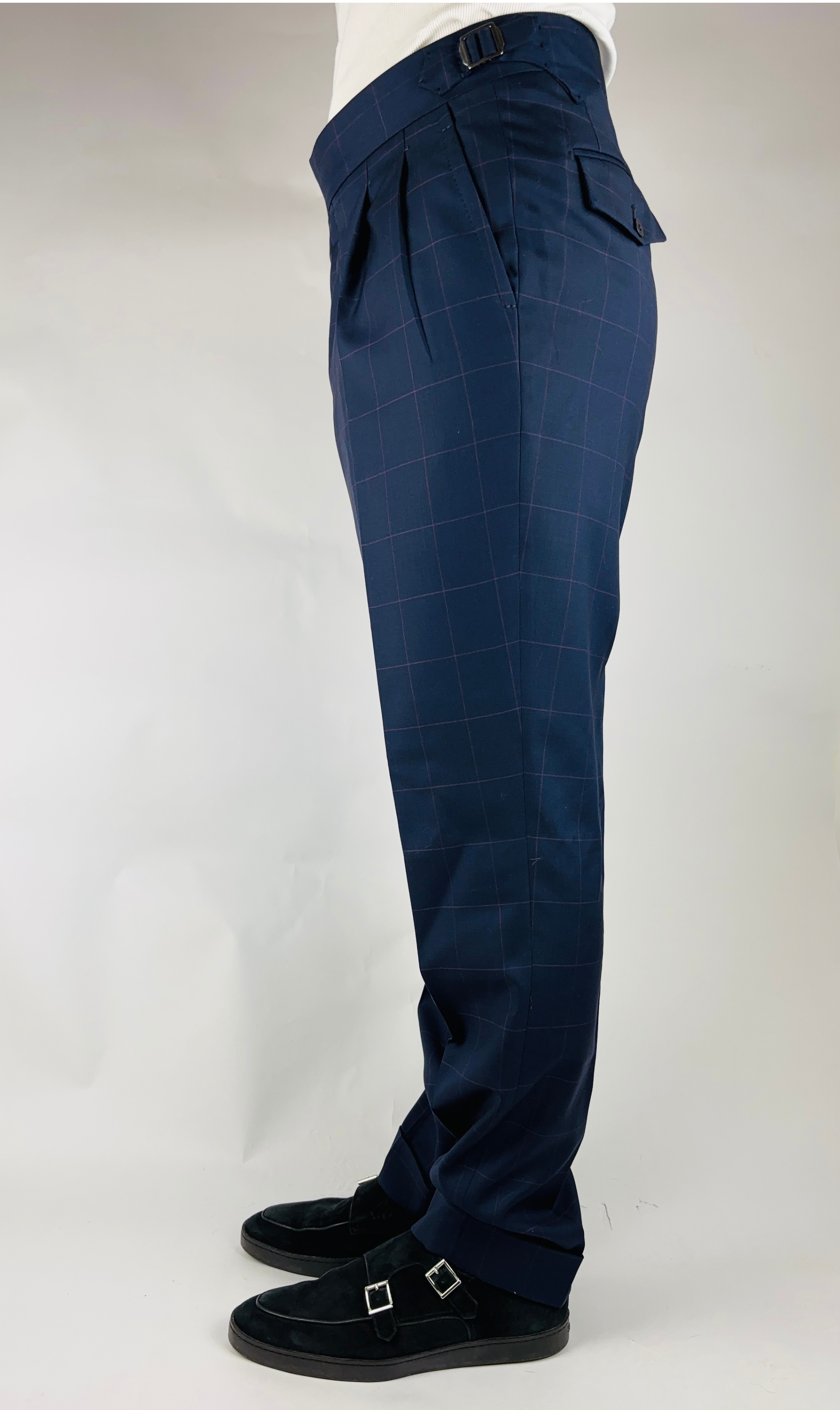 Hose Straight Wide Leg Handgemacht in Italien Wolle Blau kariert