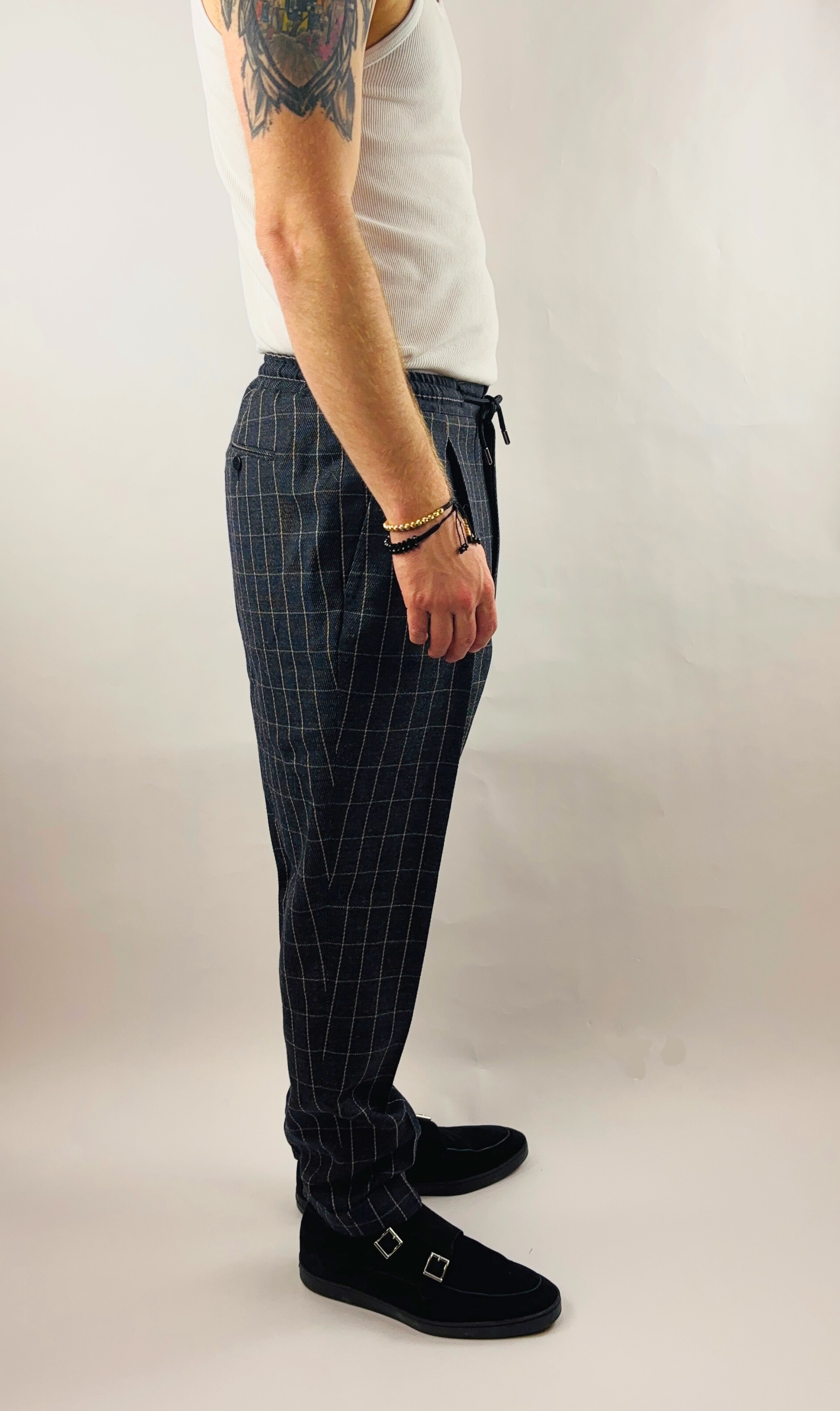 Hose Baggy Handgemacht in Italien Wolle Grau kariert