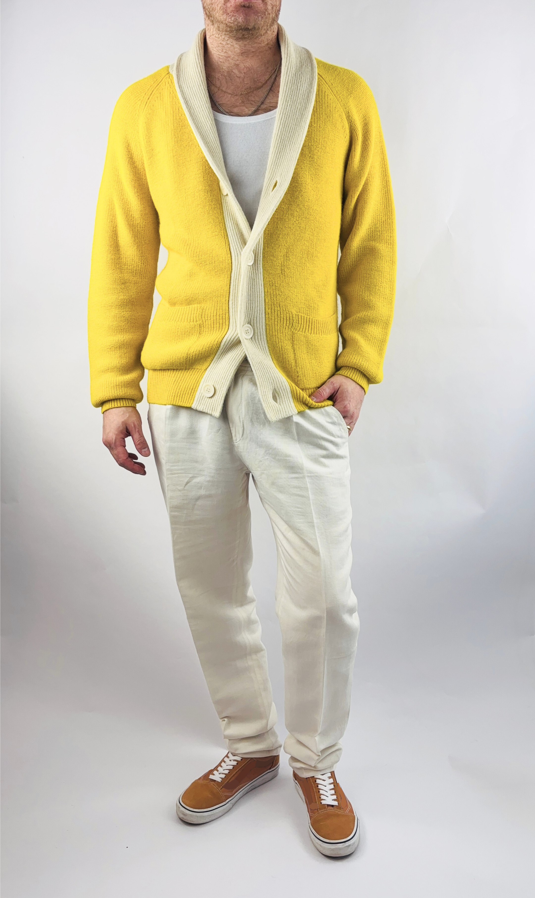 Strickjacke Handgemacht in Peru Baby Alpaka Wolle Regular Fit Schalkragen Gelb
