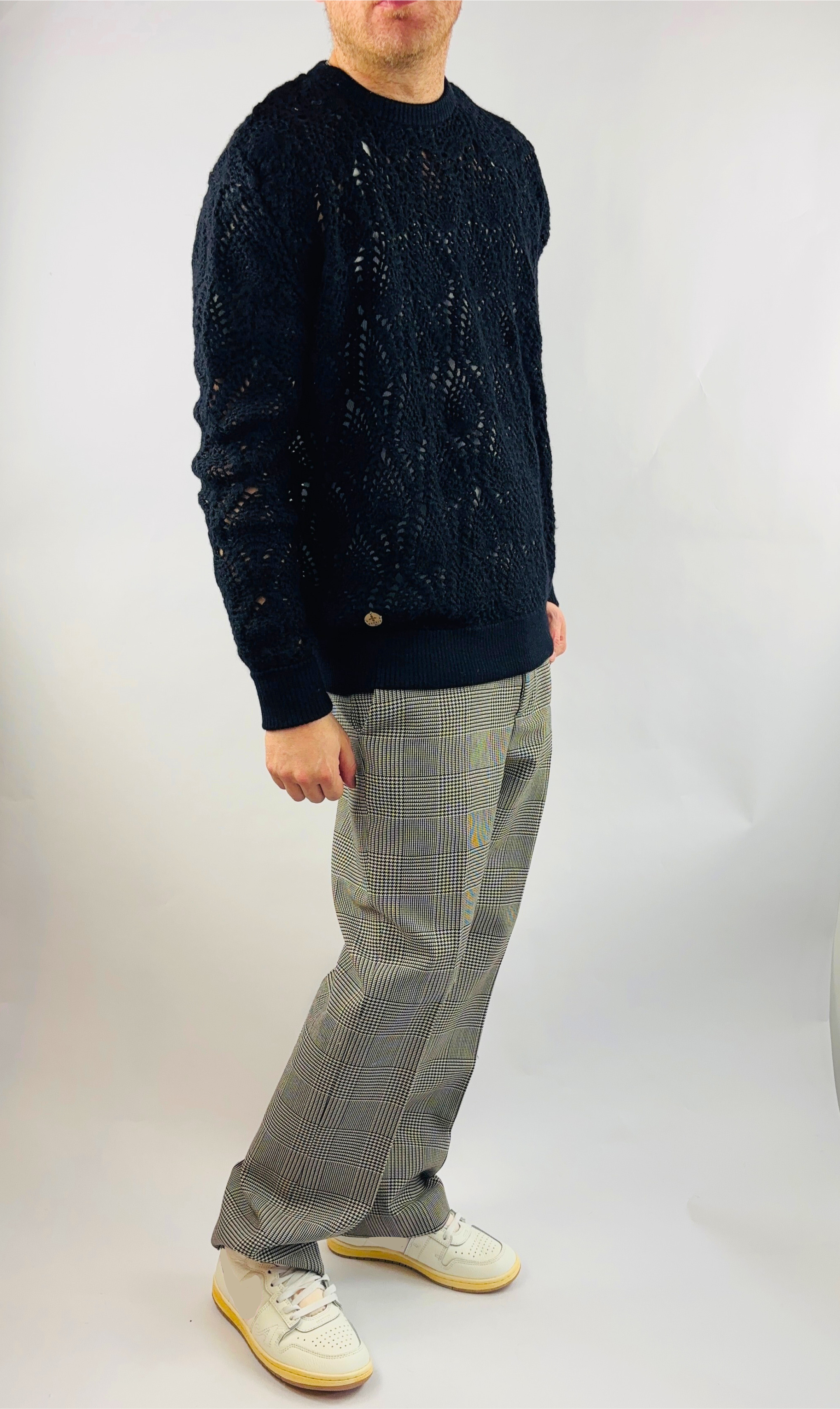 Crochet Pullover Handgemacht in Peru Baby Alpaka Wolle Regular Fit  Rundhals Schwarz