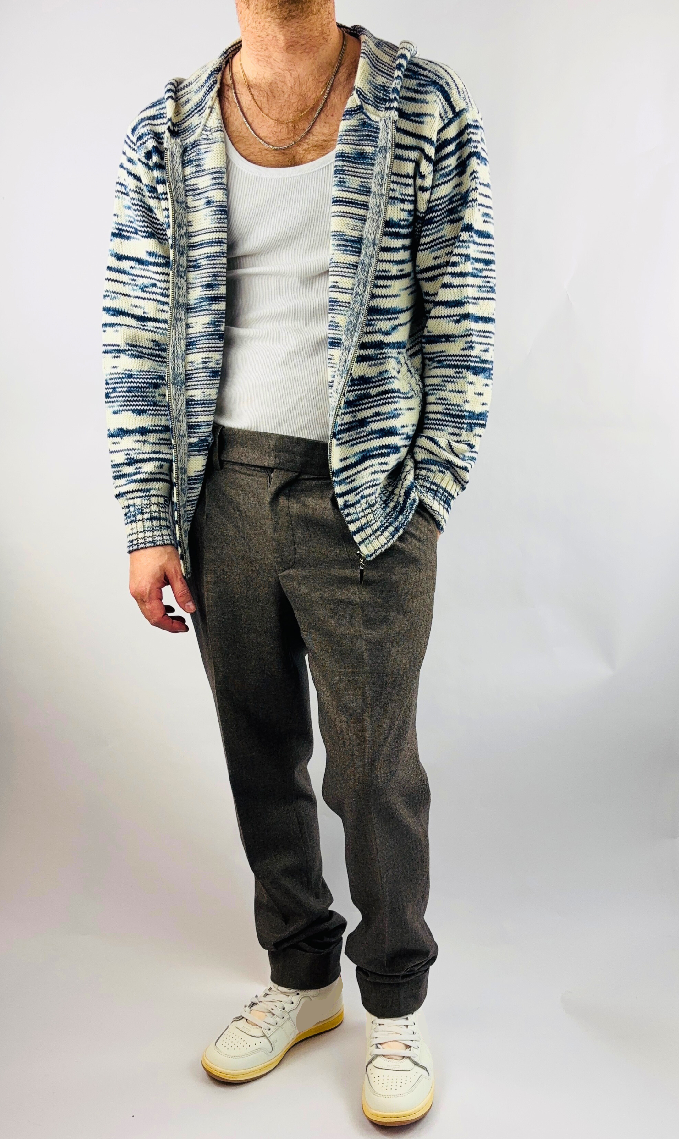 Hoodie Handgemacht in Peru Baby Alpaka Wolle Regular Fit Kapuze/Zipper Blau/Weiß