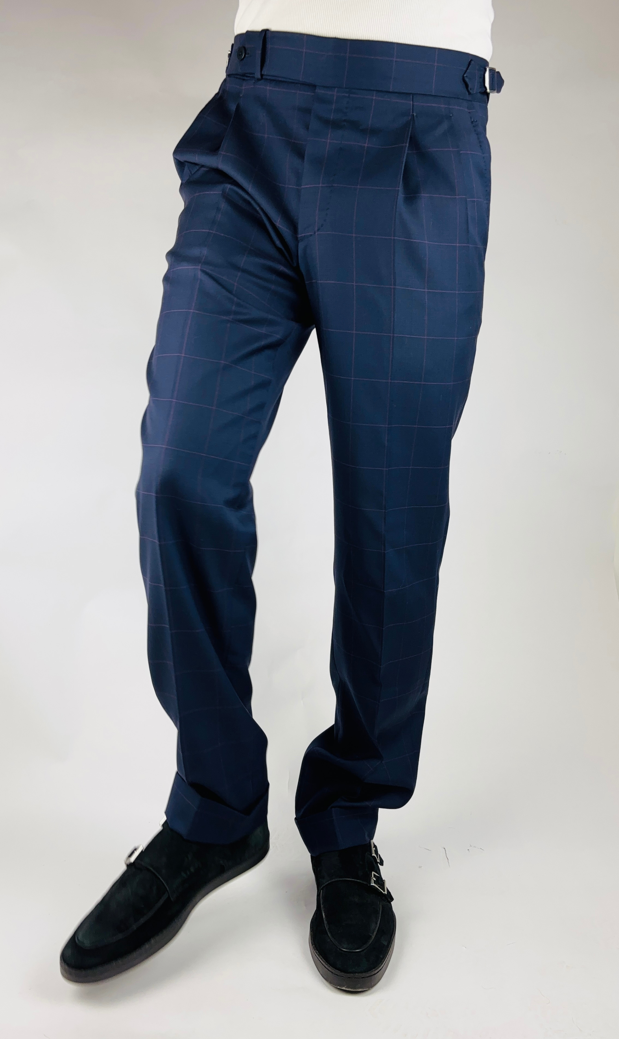 Hose Straight Wide Leg Handgemacht in Italien Wolle Blau kariert