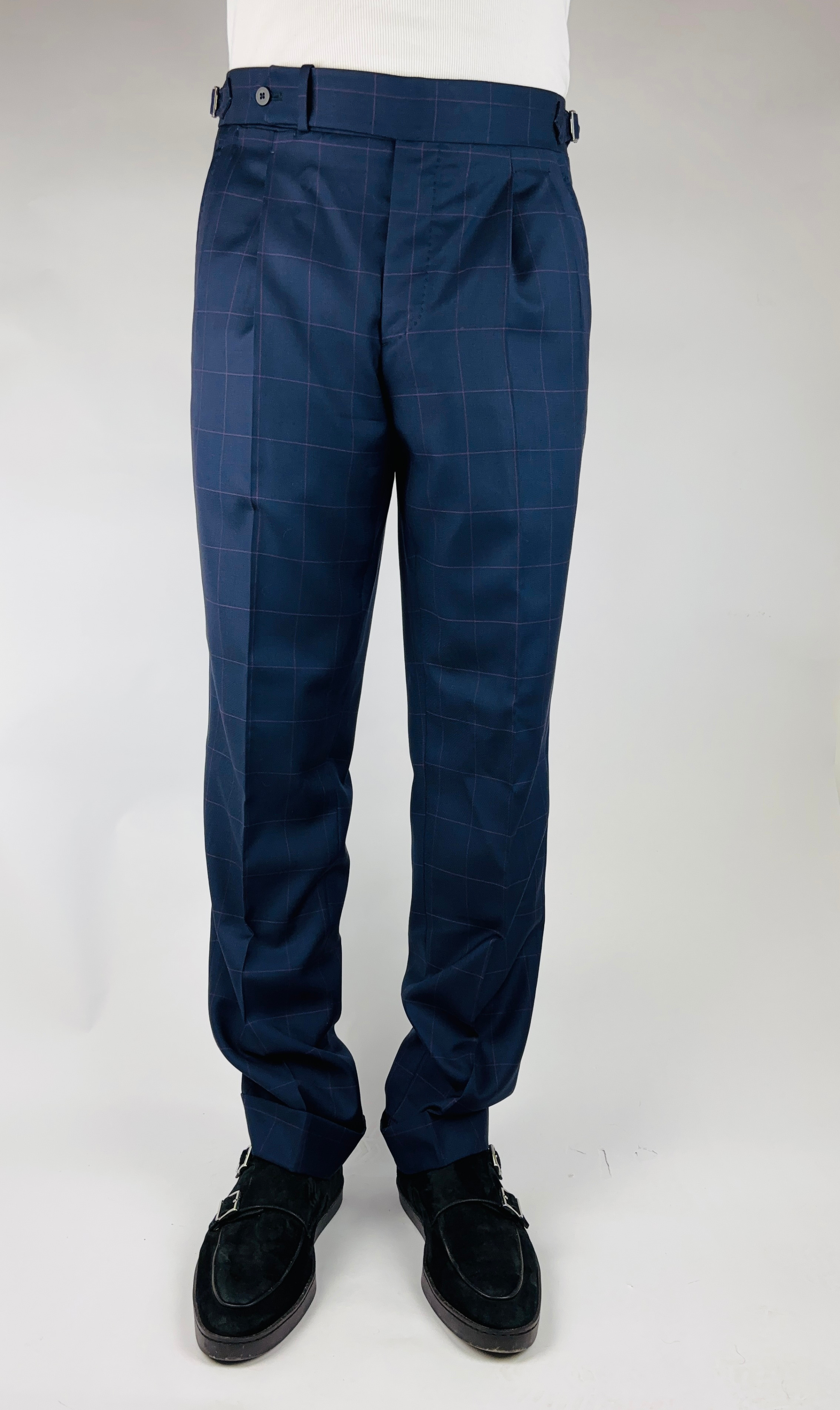 Hose Straight Wide Leg Handgemacht in Italien Wolle Blau kariert