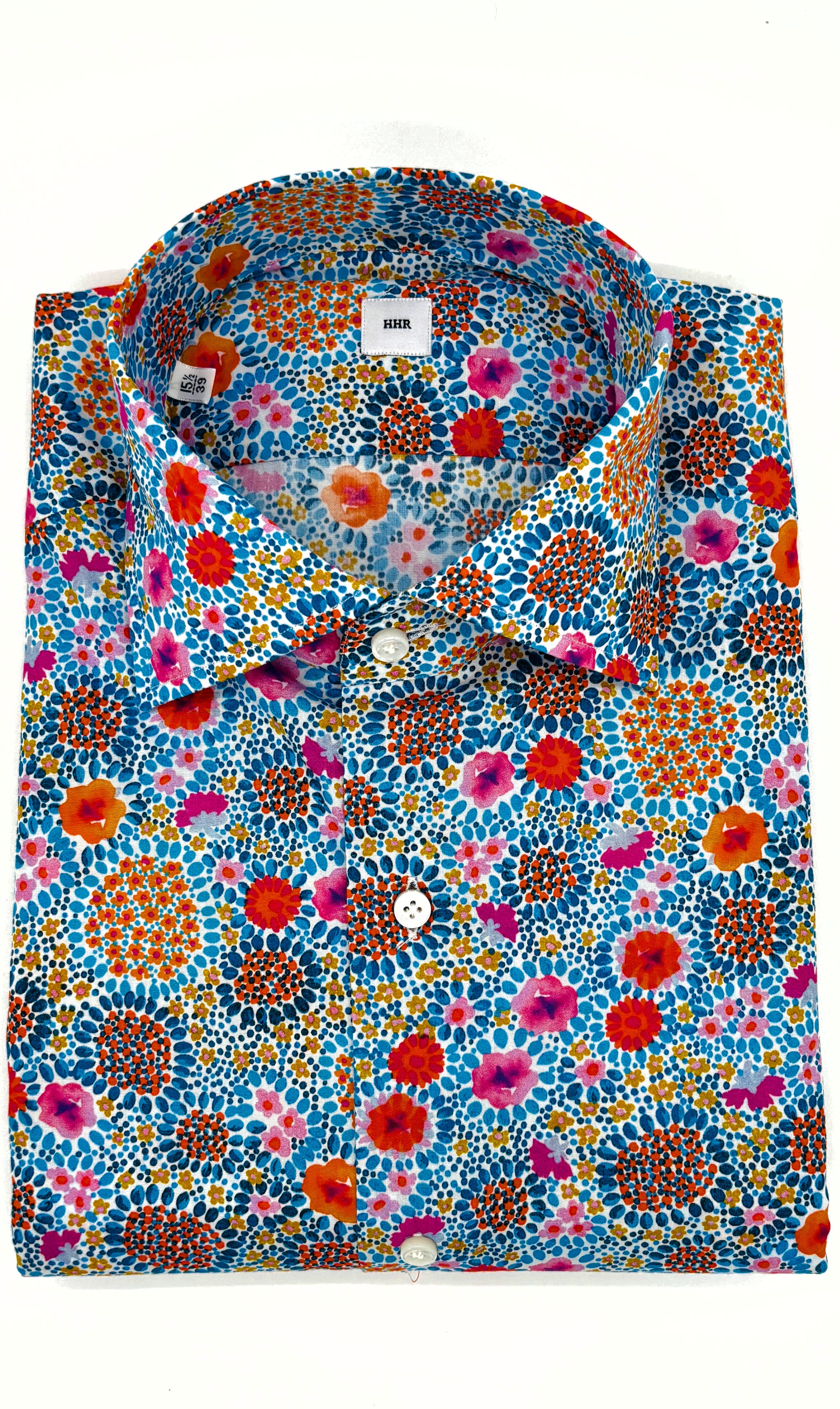 Nachhaltiges Herrenhemd mit blau bunten blumen-Muster, Slim-Fit-Schnitt, handgefertigt in Italien aus ägyptischer Baumwolle.
